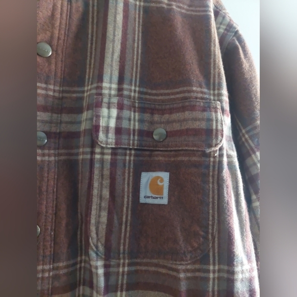 Carhartt Relaxed fit Brown Plaid Shirt Jacket Shacket Sherpa lined Large Tall - Picture 3 of 6